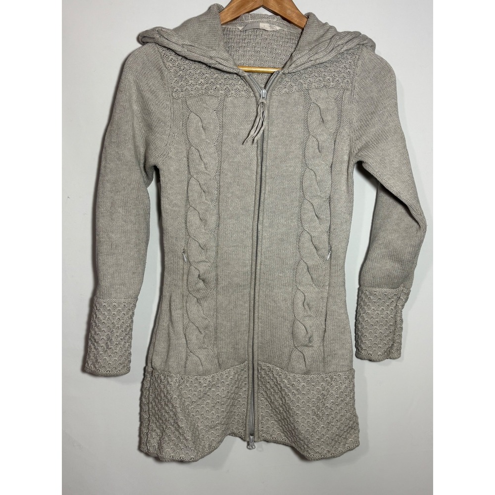 Athleta Womens Gray Cable Knit Cashmere Blend Zip Hooded Cardigan‎ Sweater Sz S